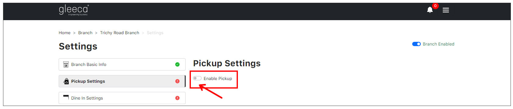Enable Pickup Settings