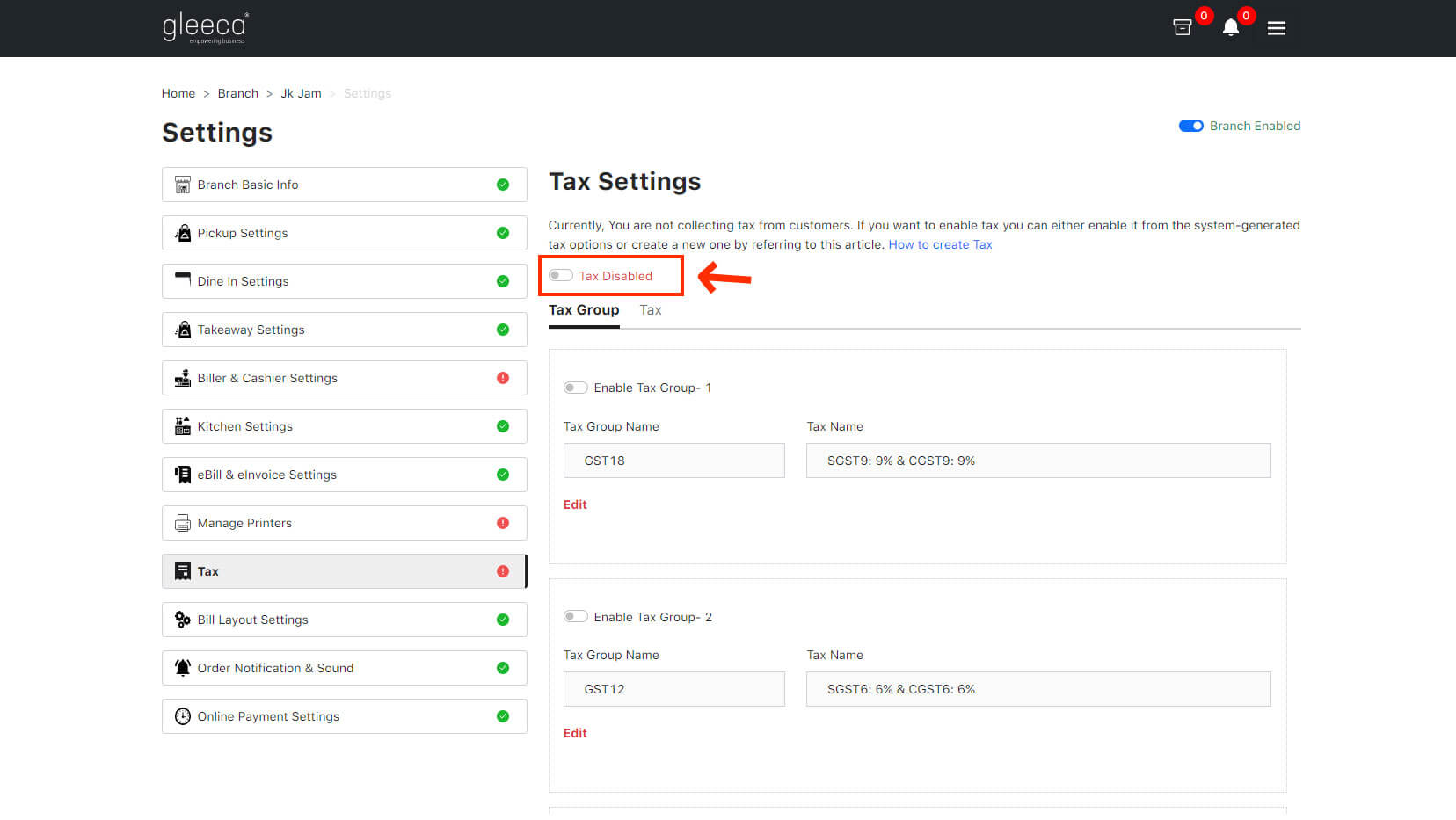 Restaurant Tax Settings Enable